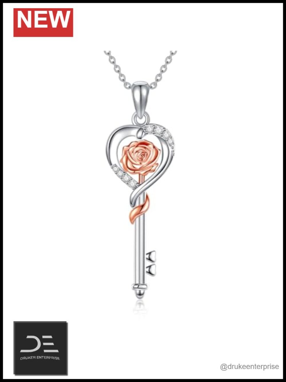 Sterling Silver Rose Key Pendant Necklace 18+2in Adjustable Chain